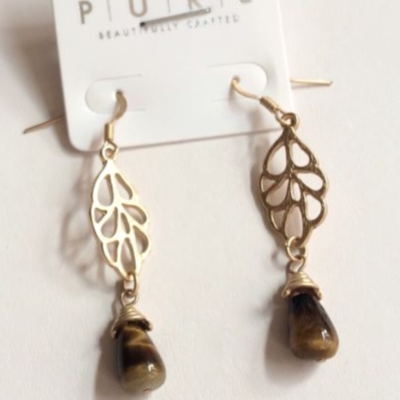 Gold Tiger Eye Stone Earrings Brown Stone Leaf - Picture 5 of 7